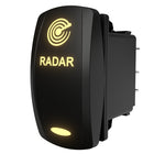 Illuminated RADAR rocker switch, side-angle view showing lit legend and rear connector pins.