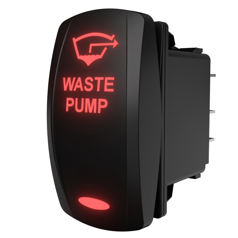 Angled rear-side view of illuminated WASTE PUMP rocker switch showing red legend, icon and rear terminals.