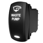 Waste pump rocker switch, angled rear view with lit "WASTE PUMP" label and exposed spade terminals