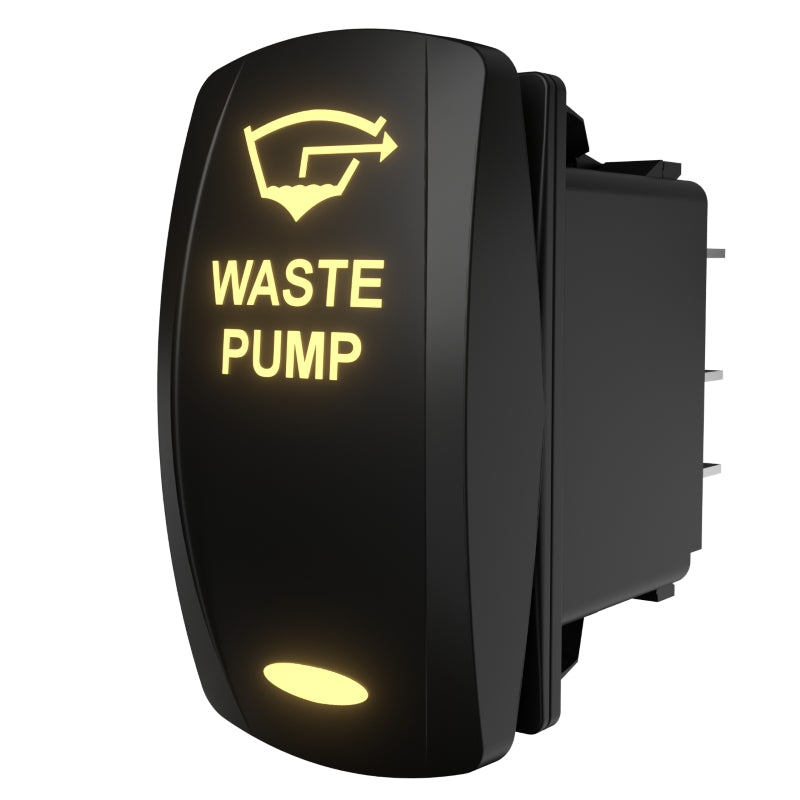 Waste pump rocker switch front illuminated, side/rear angle showing spade terminals and mounting clip