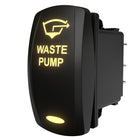 Waste pump rocker switch front illuminated, side/rear angle showing spade terminals and mounting clip