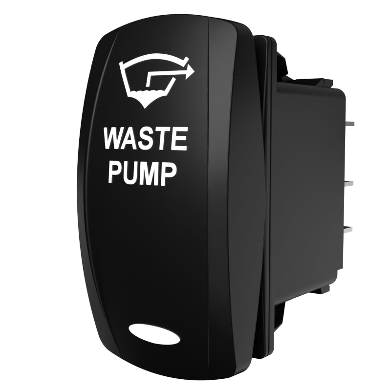 Carling Technologies black rocker switch labeled 'WASTE PUMP' with waste pump icon