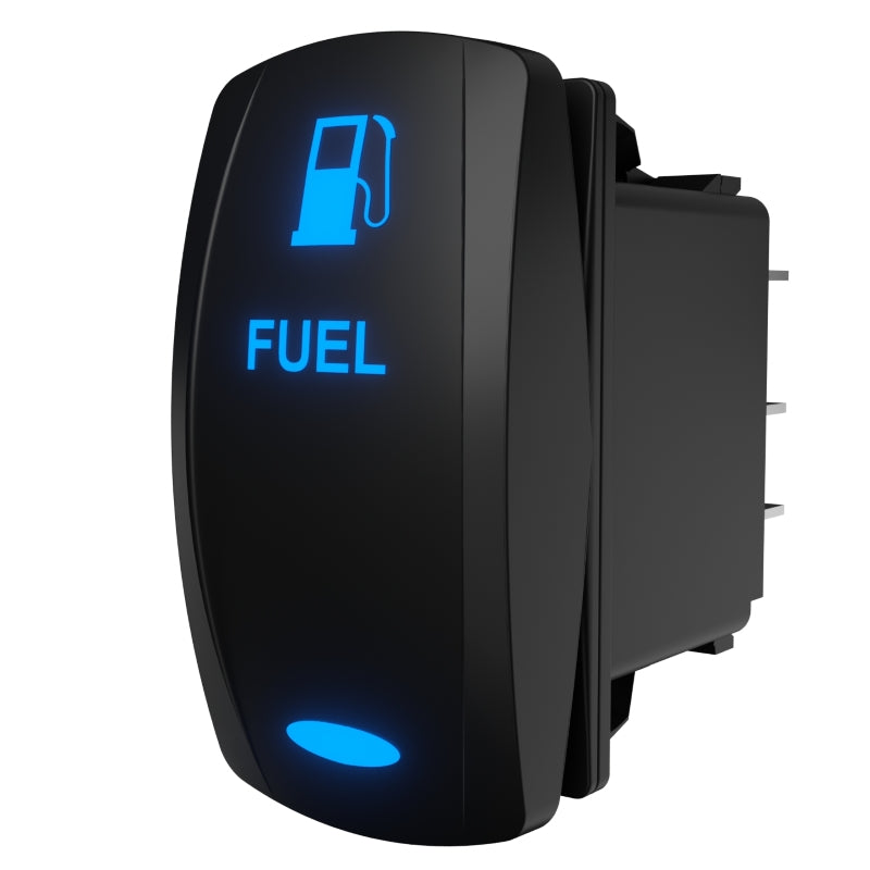 Carling Technologies FUEL illuminated rocker switch, angled side view showing rear housing and terminals