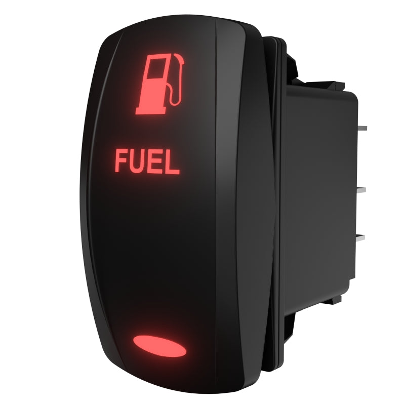 Carling Technologies FUEL rocker switch, angled side view showing illuminated red fuel icon and rear terminals