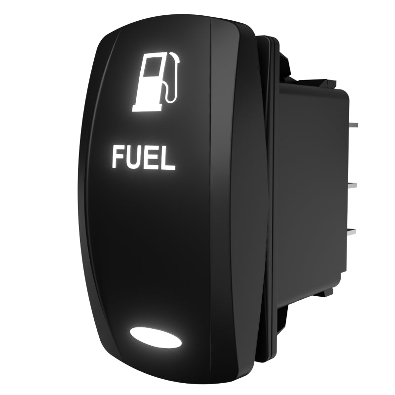 Illuminated rocker switch labeled 'FUEL' with pump icon, side/rear view showing terminals and mounting clip.