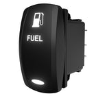Illuminated rocker switch labeled 'FUEL' with pump icon, side/rear view showing terminals and mounting clip.
