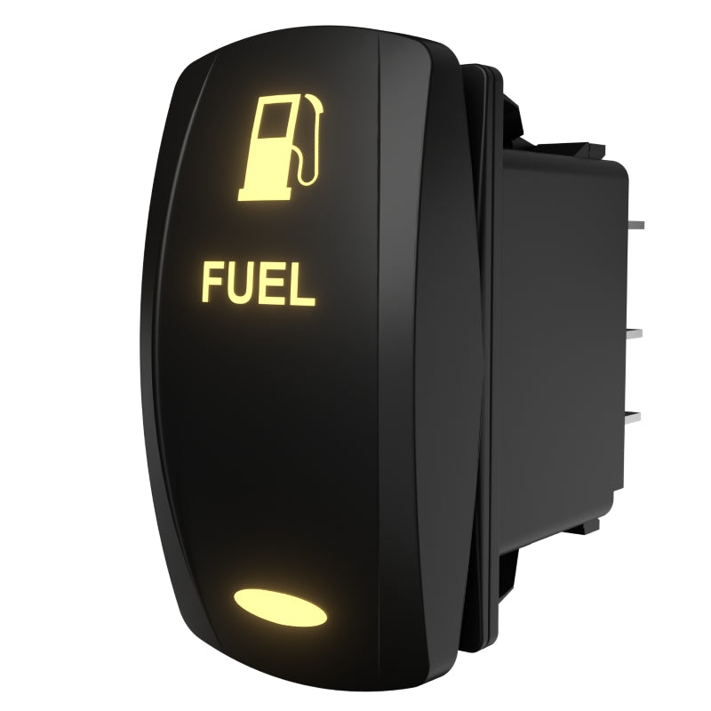 Illuminated FUEL rocker switch, angled rear-side view showing fuel pump icon, lit legend and connector pins.