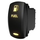 Illuminated FUEL rocker switch, angled rear-side view showing fuel pump icon, lit legend and connector pins.