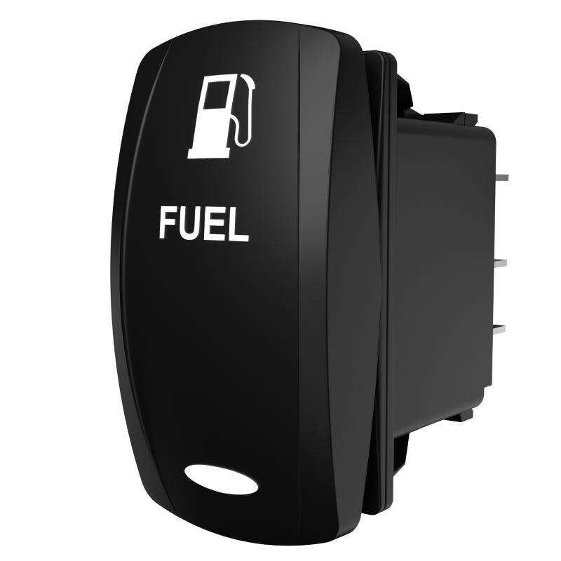 Carling Technologies black rocker switch labeled FUEL with fuel pump icon and oval indicator