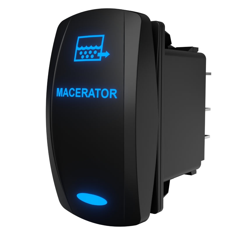 Macerator rocker switch front-right angle showing plug-in terminals and blue backlit legend
