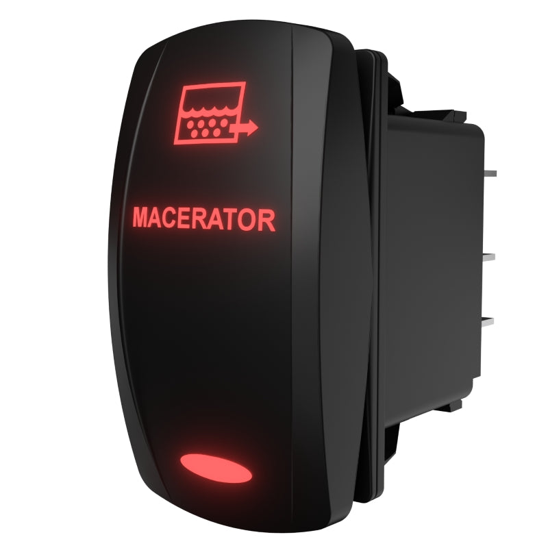 Side-angle view of illuminated macerator rocker switch with red label and icon, rear spade terminals shown