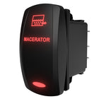 Side-angle view of illuminated macerator rocker switch with red label and icon, rear spade terminals shown