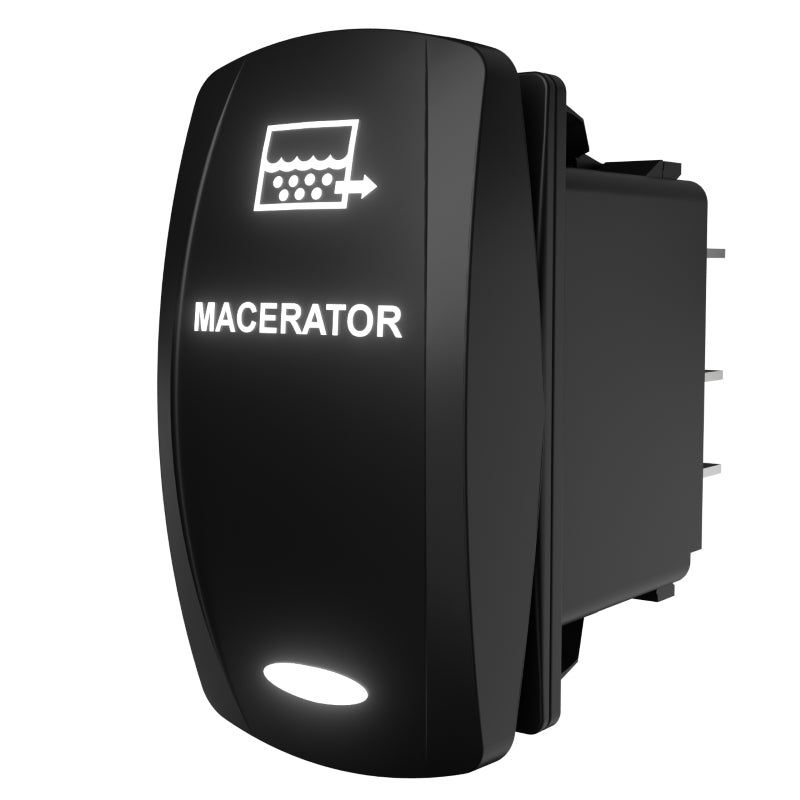 Carling macerator switch, angled rear-side view showing spade terminals and illuminated legend.