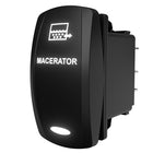 Carling macerator switch, angled rear-side view showing spade terminals and illuminated legend.