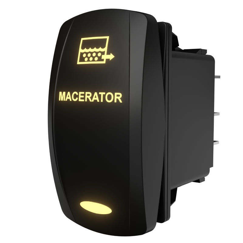 Angled rear-side view of illuminated macerator rocker switch showing spade terminals and mounting clip