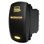 Angled rear-side view of illuminated macerator rocker switch showing spade terminals and mounting clip