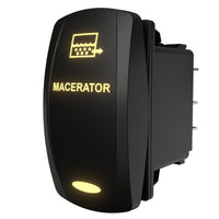 Angled rear-side view of illuminated macerator rocker switch showing spade terminals and mounting clip