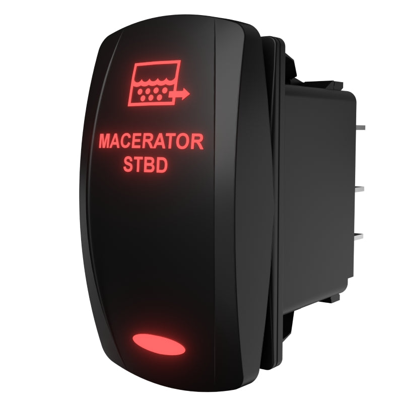 Angled side view of Macerator STBD rocker switch showing illuminated red legend and rear connector terminals