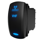 Carling VHF illuminated rocker switch, angled rear-side view showing connector pins and blue LED