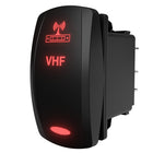 Carling VHF rocker switch side/rear view with red illuminated VHF and antenna icon, rear spade connectors