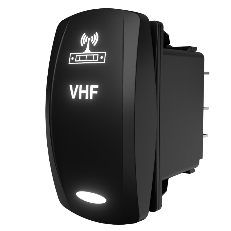 Carling Technologies VHF rocker switch, angled front showing lit VHF legend and rear connector terminals