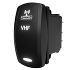 Carling Technologies VHF rocker switch, angled front showing lit VHF legend and rear connector terminals