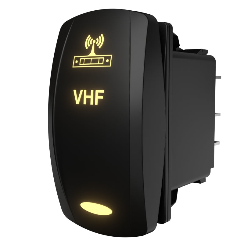 Angled side/rear view of Carling VHF rocker switch showing illuminated VHF legend and spade terminals