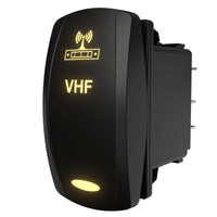 Angled side/rear view of Carling VHF rocker switch showing illuminated VHF legend and spade terminals