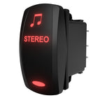STEREO rocker switch shown at right angle with red backlit label, music note and exposed spade terminals.