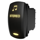 Illuminated black rocker switch labeled "STEREO" with music note, angled rear view showing spade terminals.