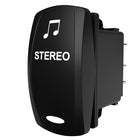 Carling Technologies black rocker switch labeled STEREO with music note icon
