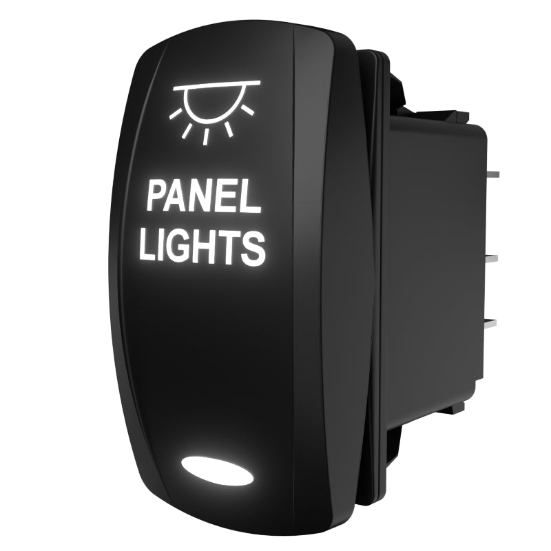 Carling Technologies illuminated rocker switch labeled "PANEL LIGHTS", rear view showing spade terminals