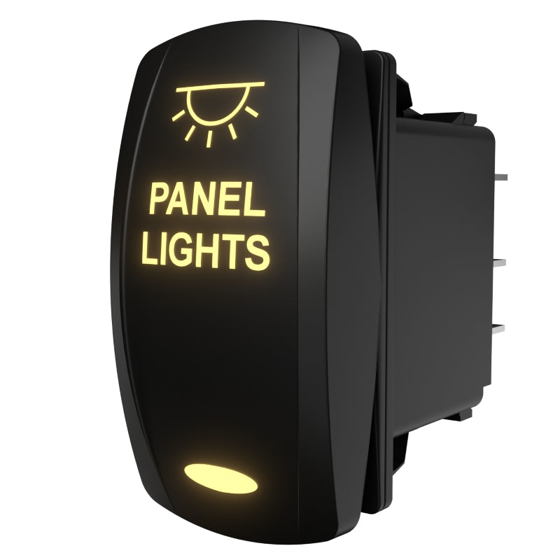 Illuminated Carling Technologies rocker switch labeled PANEL LIGHTS, side view showing rear terminals.