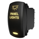 Illuminated Carling Technologies rocker switch labeled PANEL LIGHTS, side view showing rear terminals.