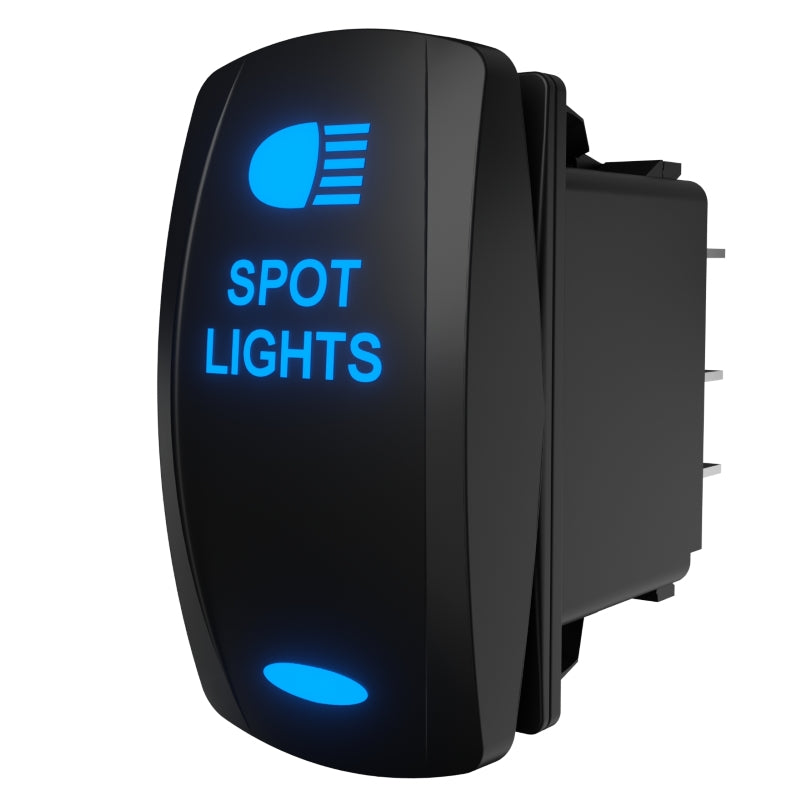 Spot Lights rocker switch with blue illuminated legend, angled side view showing rear terminals and clip