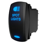 Spot Lights rocker switch with blue illuminated legend, angled side view showing rear terminals and clip