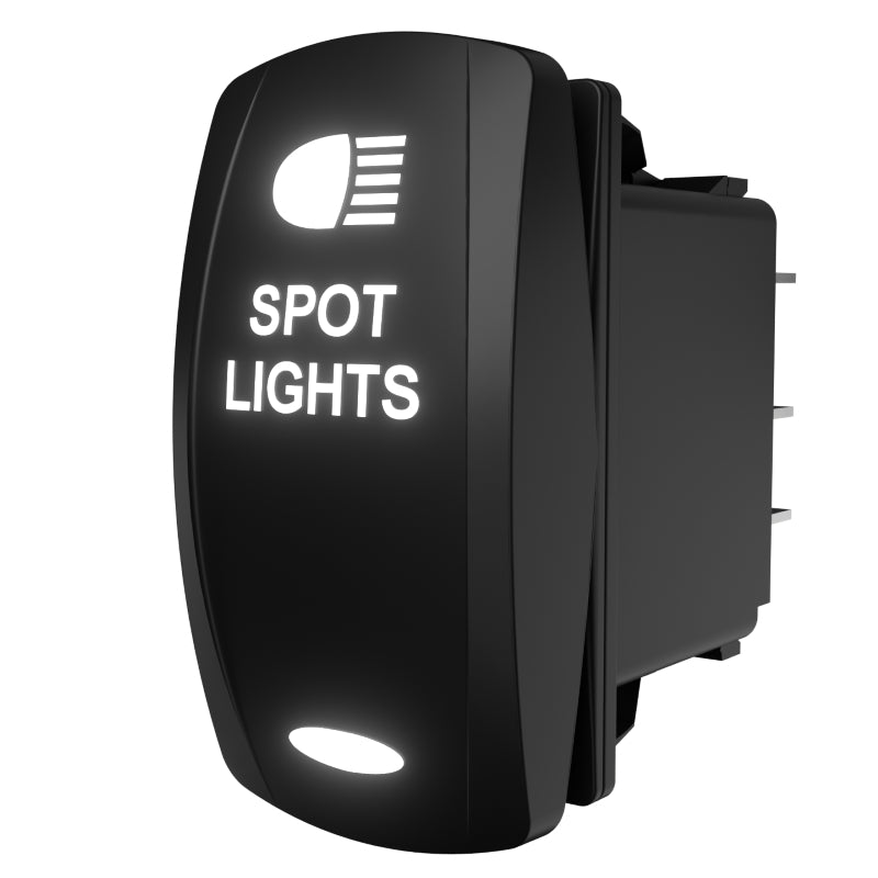 Illuminated black rocker switch labeled 'SPOT LIGHTS' — angled side/rear view showing connector pins.