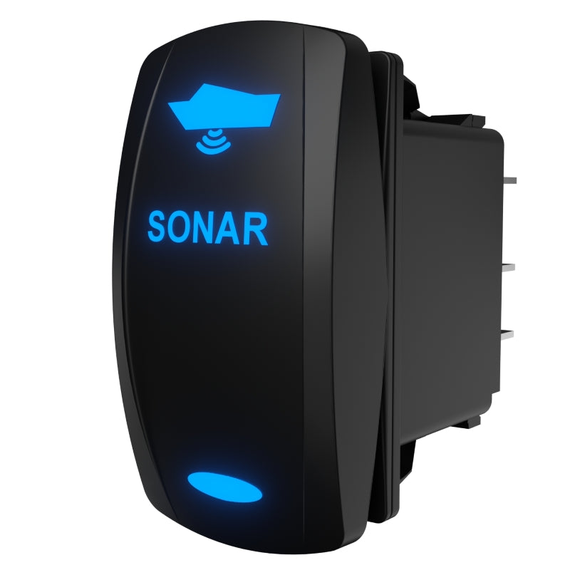 SONAR rocker switch side/rear view with illuminated blue icon/text, spade terminals & mounting clip