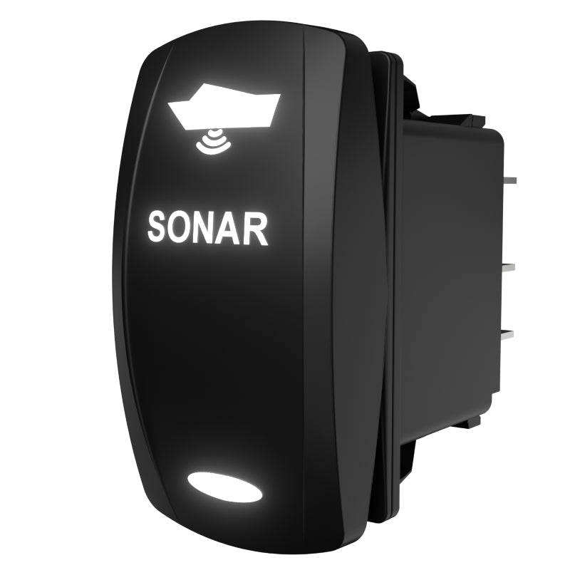 SONAR illuminated rocker switch shown at side-rear angle, boat icon lit and spade terminals visible