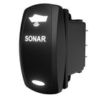 SONAR illuminated rocker switch shown at side-rear angle, boat icon lit and spade terminals visible