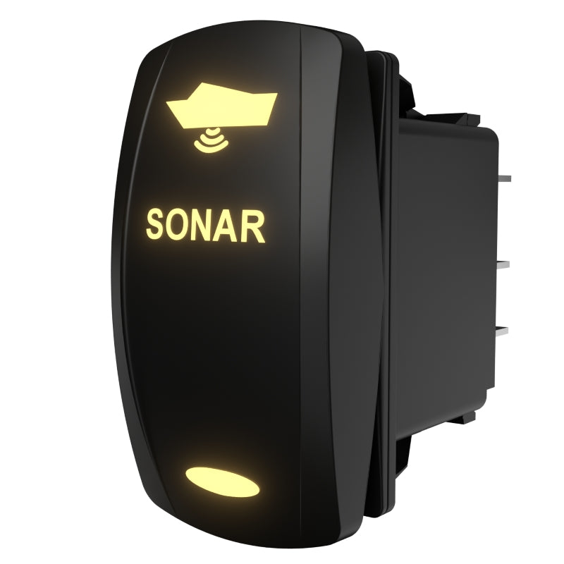 Close-up angled view of Carling SONAR rocker switch showing illuminated icon/text and rear spade terminals