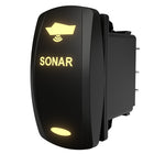 Close-up angled view of Carling SONAR rocker switch showing illuminated icon/text and rear spade terminals