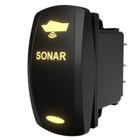 Close-up angled view of Carling SONAR rocker switch showing illuminated icon/text and rear spade terminals