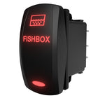 Carling FISHBOX rocker switch, angled side/rear view showing illuminated red label and connector pins.