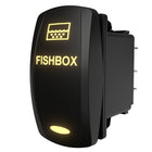 FISHBOX illuminated rocker switch, side-rear view showing lit legend, back spade terminals and panel clip