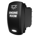 Carling Technologies rocker switch labeled 'ENGINE ROOM', rear-side angle showing terminals and mounting clip