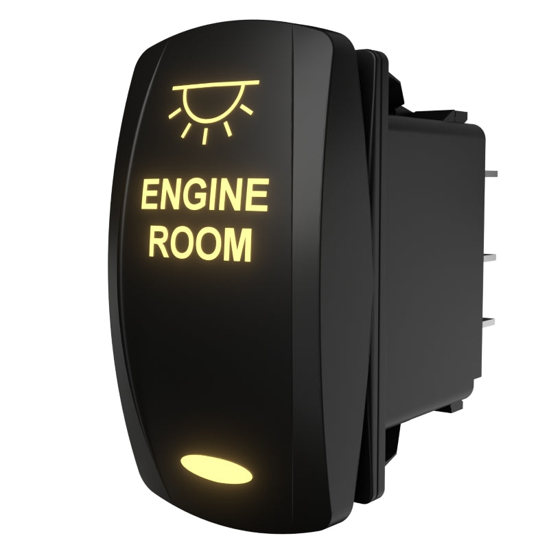 Carling rocker switch labeled 'ENGINE ROOM', illuminated front and rear angle showing terminals
