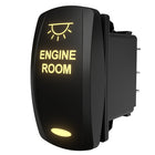Carling rocker switch labeled 'ENGINE ROOM', illuminated front and rear angle showing terminals