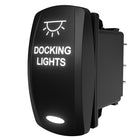 Rocker switch front and right-side view showing illuminated DOCKING LIGHTS legend and rear spade terminals