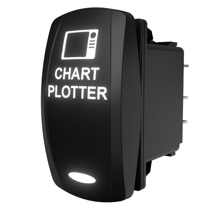 Carling chartplotter rocker switch, angled front-right view showing illuminated legend and rear connector pins.